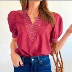 Burgundy cotton puff sleeve top size L